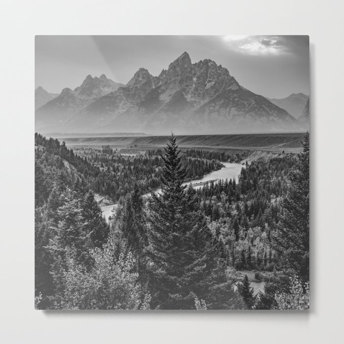 Grand Teton Mountains And Snake River Landscape Black and White 1x1 Metal Print