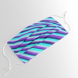 [ Thumbnail: Midnight Blue, Aqua, Light Blue, and Purple Colored Lined/Striped Pattern Face Mask ]