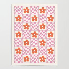 Orange Flower Pink & White Warped Double Checker Poster