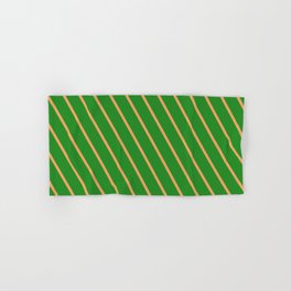 [ Thumbnail: Brown and Forest Green Colored Lines Pattern Hand & Bath Towel ]