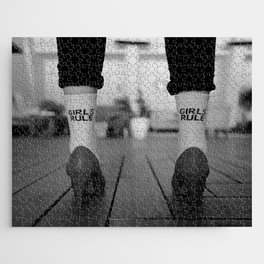 Girls rule boby socks and red high heels female portrait black and white photograph - photography- photographs Jigsaw Puzzle