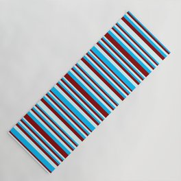 [ Thumbnail: Deep Sky Blue, Dark Red & Light Cyan Colored Pattern of Stripes Yoga Mat ]