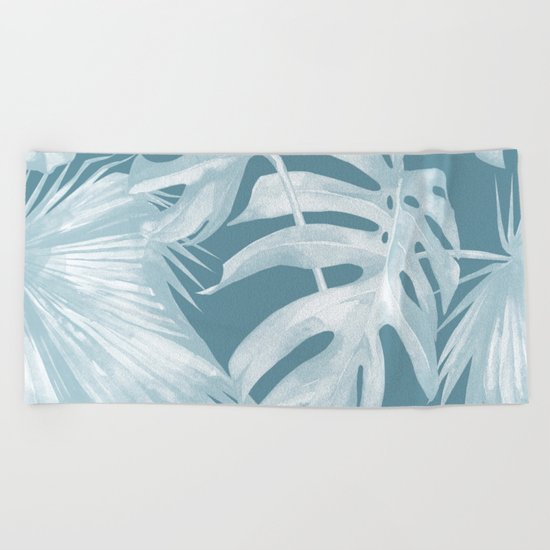 Teal Blue Tropical Palm Leaves Beach Towel