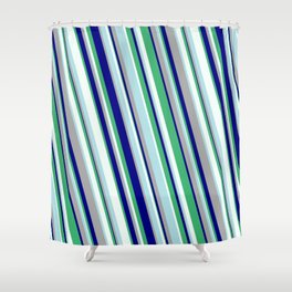 [ Thumbnail: Eye-catching Powder Blue, Dark Gray, Blue, Sea Green & Mint Cream Colored Striped Pattern Shower Curtain ]