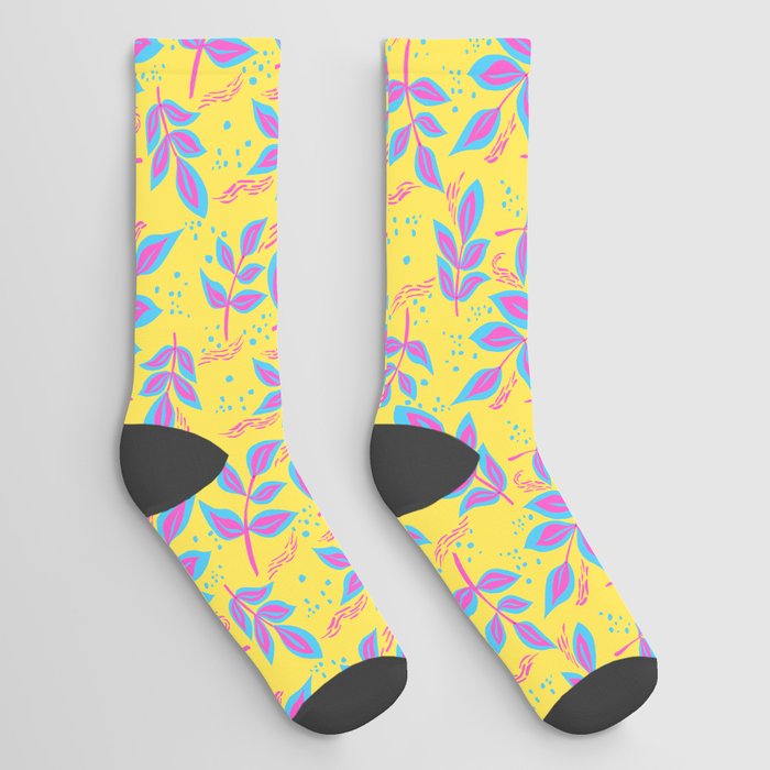 Bright Pink Blue Leaves on Yellow Original Seamless Pattern Socks