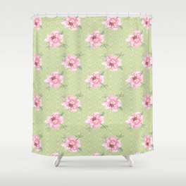 Pink peonies on blackground green Shower Curtain