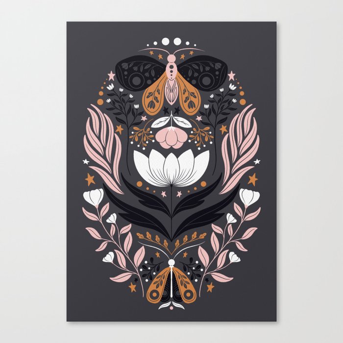 Grey Pink Botanical Butterflies Canvas Print