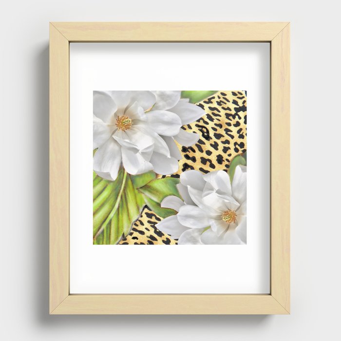 Magnolias on a Leopard Skin Pattern Recessed Framed Print