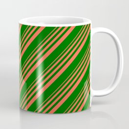 [ Thumbnail: Red and Dark Green Colored Stripes Pattern Coffee Mug ]