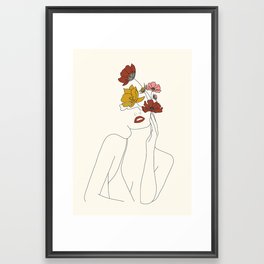 Colorful Thoughts Minimal Line Art Woman with Flowers Framed Art Print
