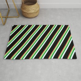 [ Thumbnail: Red, Green, Forest Green, Light Cyan, and Black Colored Stripes/Lines Pattern Rug ]