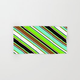 [ Thumbnail: Aquamarine, Chartreuse, Brown, White, and Black Colored Striped/Lined Pattern Hand & Bath Towel ]