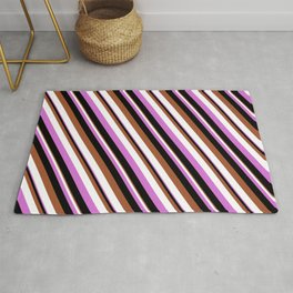 [ Thumbnail: Sienna, White, Orchid & Black Colored Striped Pattern Rug ]