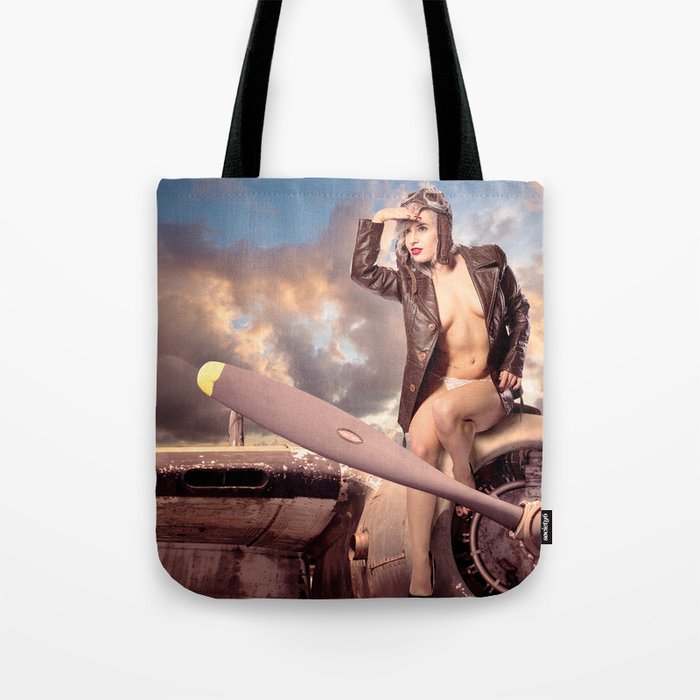"Captain Felix" - The Playful Pinup - Bomber Jacket Pin-up Girl by Maxwell H. Johnson Tote Bag
