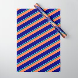 [ Thumbnail: Light Sky Blue, Teal, Coral, and Blue Colored Stripes Pattern Wrapping Paper ]