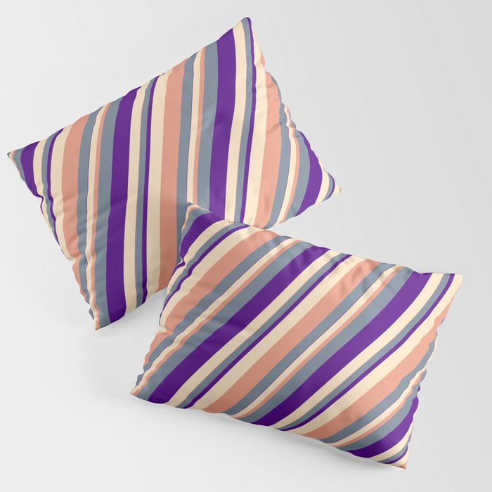 Slate Gray, Indigo, Bisque & Dark Salmon Colored Stripes/Lines Pattern Pillow Sham