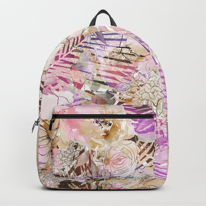 Colorful summer pink purple ivory watercolor flowers Backpack