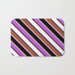 [ Thumbnail: Sienna, Mint Cream, Orchid & Black Colored Pattern of Stripes Bath Mat ]