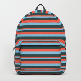 [ Thumbnail: Red, Sky Blue, and Dark Slate Gray Colored Pattern of Stripes Backpack ]