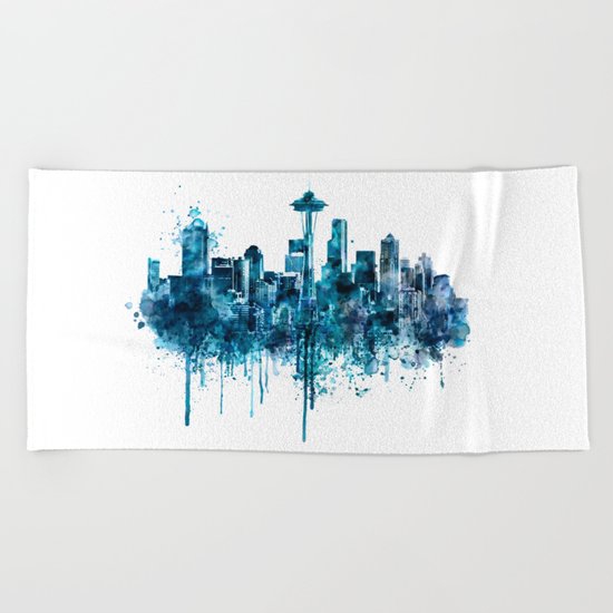 Seattle Skyline monochrome watercolor Beach Towel