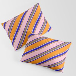[ Thumbnail: Pink, Blue, Dark Orange, and Dim Gray Colored Pattern of Stripes Pillow Sham ]