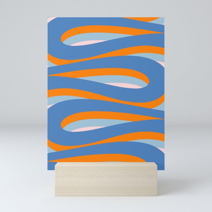 Pop Swirl Wavy Abstract Line Pattern Blue Orange Pink Mini Art Print