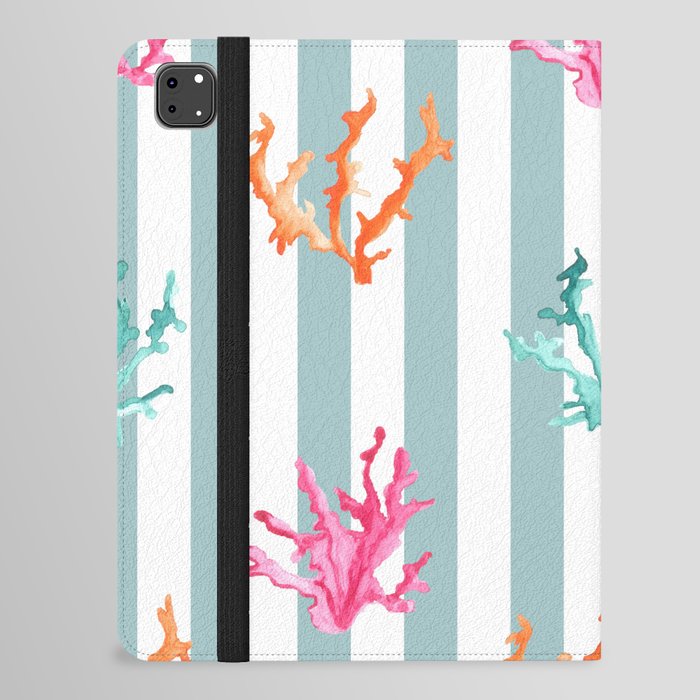 Colorful Coral Reef on Sage Turquoise Blue Stripes iPad Folio Case
