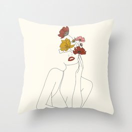 Colorful Thoughts Minimal Line Art Woman with Flowers Throw Pillow