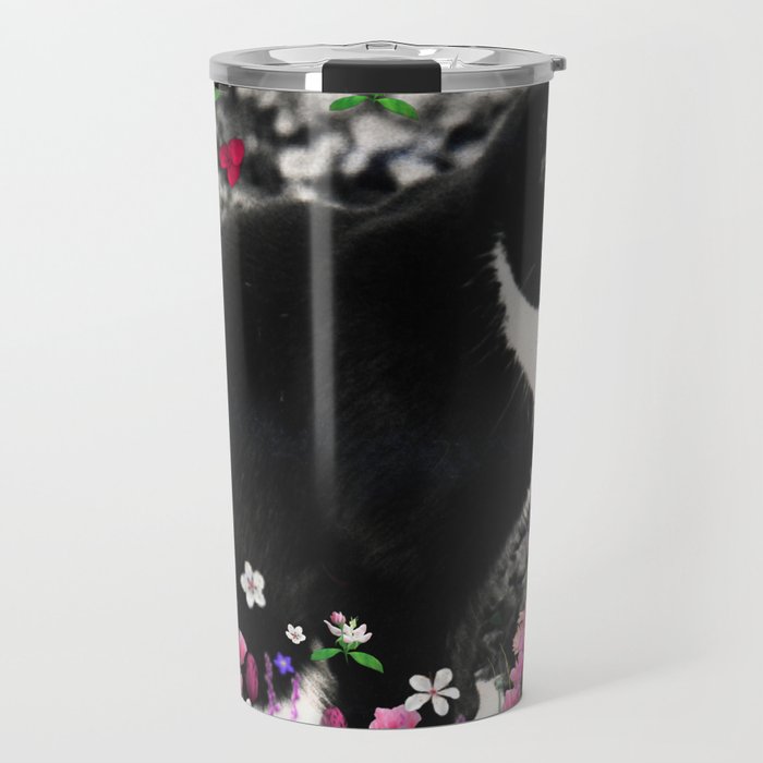 Freckles in Flowers II - Tuxedo Kitty Cat Travel Mug