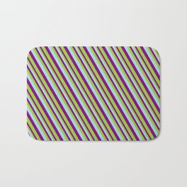 [ Thumbnail: Light Blue, Purple & Green Colored Pattern of Stripes Bath Mat ]
