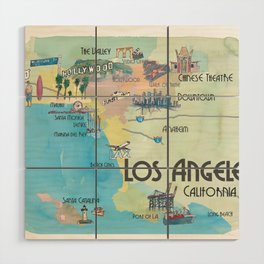 Greater Los Angeles Fine Art Print Retro Vintage Map with Touristic Highlights in colorful retro pri Wood Wall Art