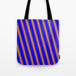 [ Thumbnail: Blue and Dark Orange Colored Lined/Striped Pattern Tote Bag ]