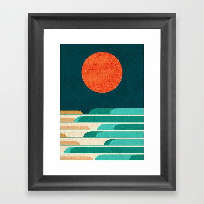 Chasing wave under the red moon Framed Art Print