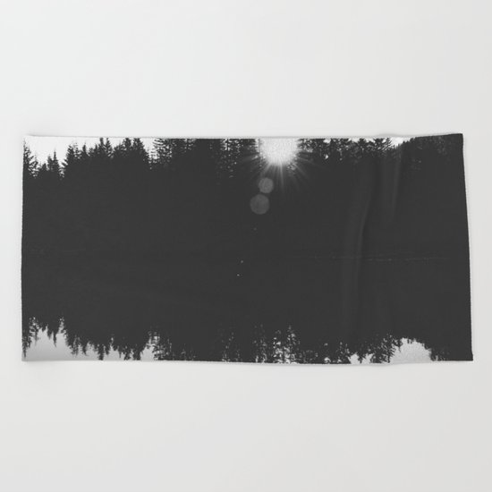Wooded Lake Reflection Black and White Beach Towel