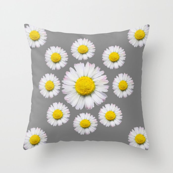 WHITE SHASTA DAISY FLOWERS  DECORATIVE GREY ART Throw Pillow