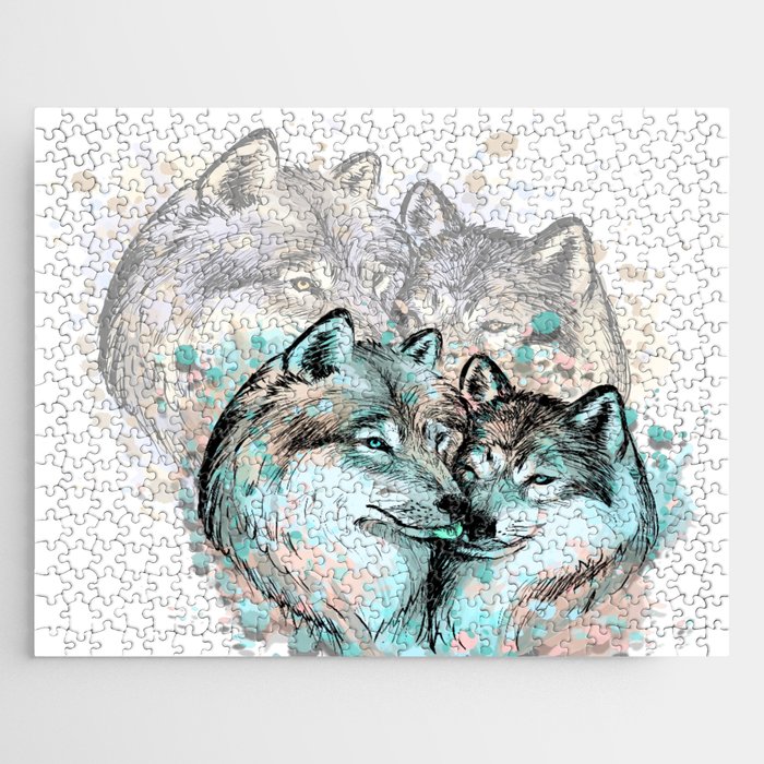 Wolves Teal Shadowed Jigsaw Puzzle