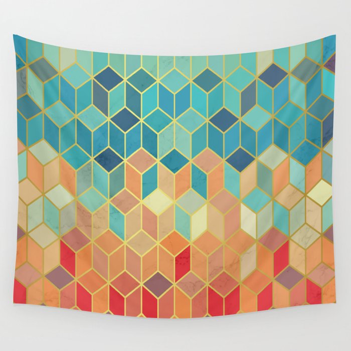 colorful squares with gold friendly colors and marble texture wall