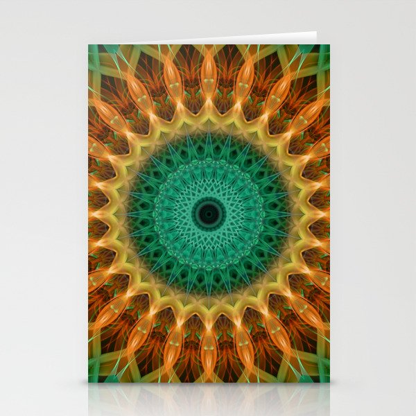 Mandala with green, brown and golden ornaments Stationery Cards