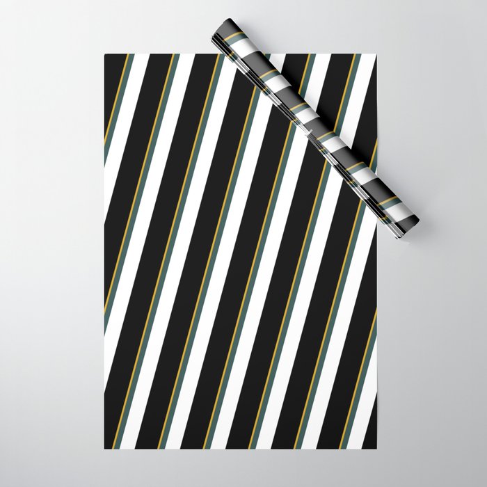 Goldenrod, Dark Slate Gray, White, and Black Colored Striped Pattern Wrapping Paper