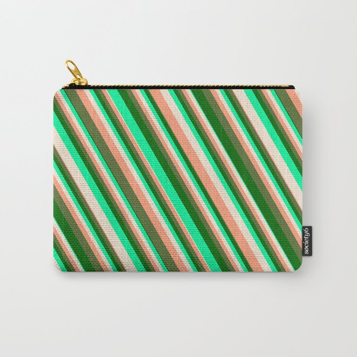 Vibrant Green, Beige, Light Salmon, Dark Olive Green & Dark Green Colored Striped/Lined Pattern Carry-All Pouch