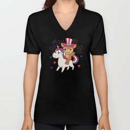 Deer With Unicorn For Fourth Of July Fireworks V Neck T Shirt