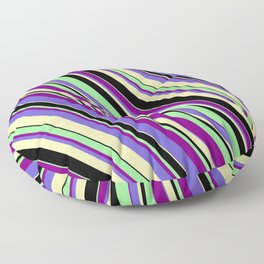 [ Thumbnail: Light Green, Purple, Slate Blue, Pale Goldenrod, and Black Colored Lines/Stripes Pattern Floor Pillow ]