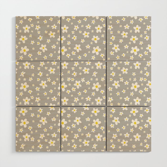 White Daisy Pattern over Neutral Gray Wood Wall Art