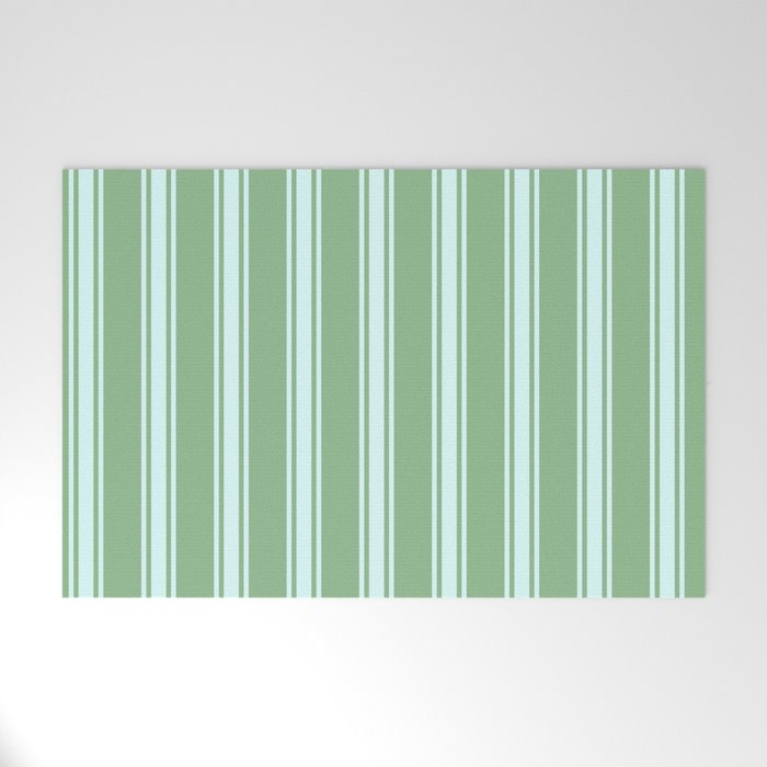 Dark Sea Green and Light Cyan Colored Pattern of Stripes Welcome Mat
