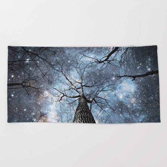Wintry Trees Galaxy Skies Steel Blue Beach Towel