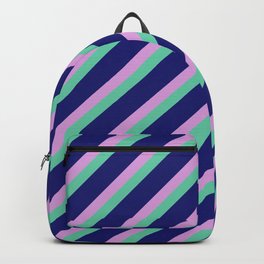 [ Thumbnail: Plum, Aquamarine & Midnight Blue Colored Lined/Striped Pattern Backpack ]