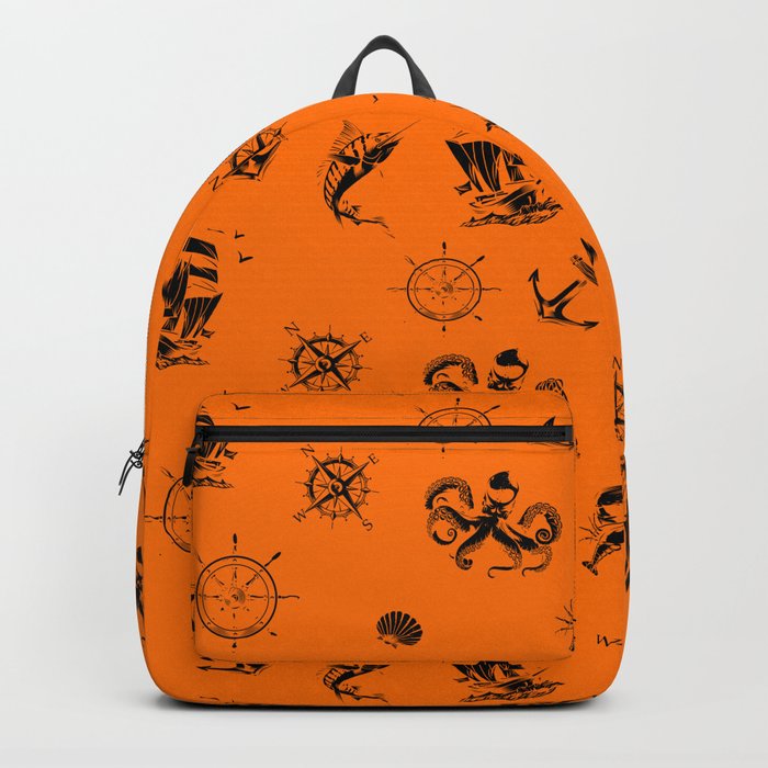 Orange And Black Silhouettes Of Vintage Nautical Pattern Backpack