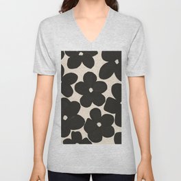 70s Flowers Pattern in Charcoal Grey and Nude V Neck T Shirt