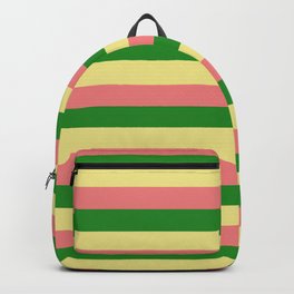 [ Thumbnail: Tan, Light Coral, and Forest Green Colored Lined Pattern Backpack ]