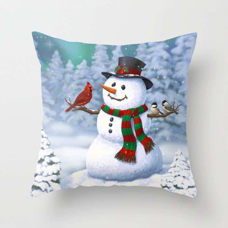 Cute Happy Christmas Snowman With Birds Throw Pillow By Csforest